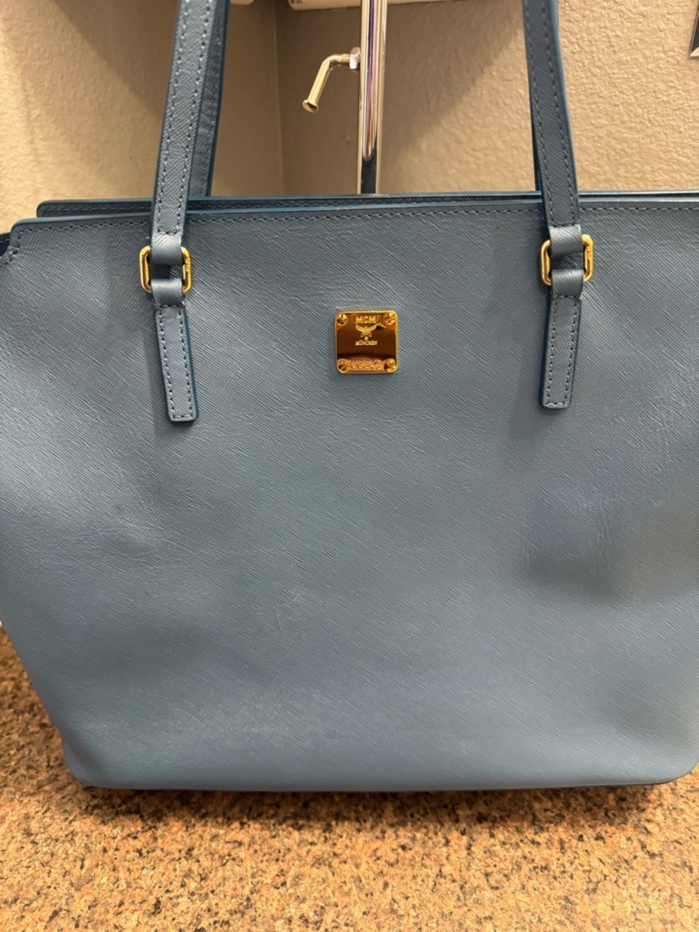 MCM rare Blue color Leather Tote Bag EUC.